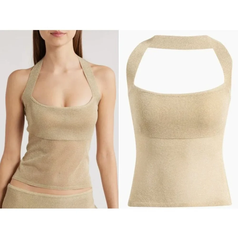 LIONESS Palisades Halter in Oyster XLarge New Womens Knit Gold Top